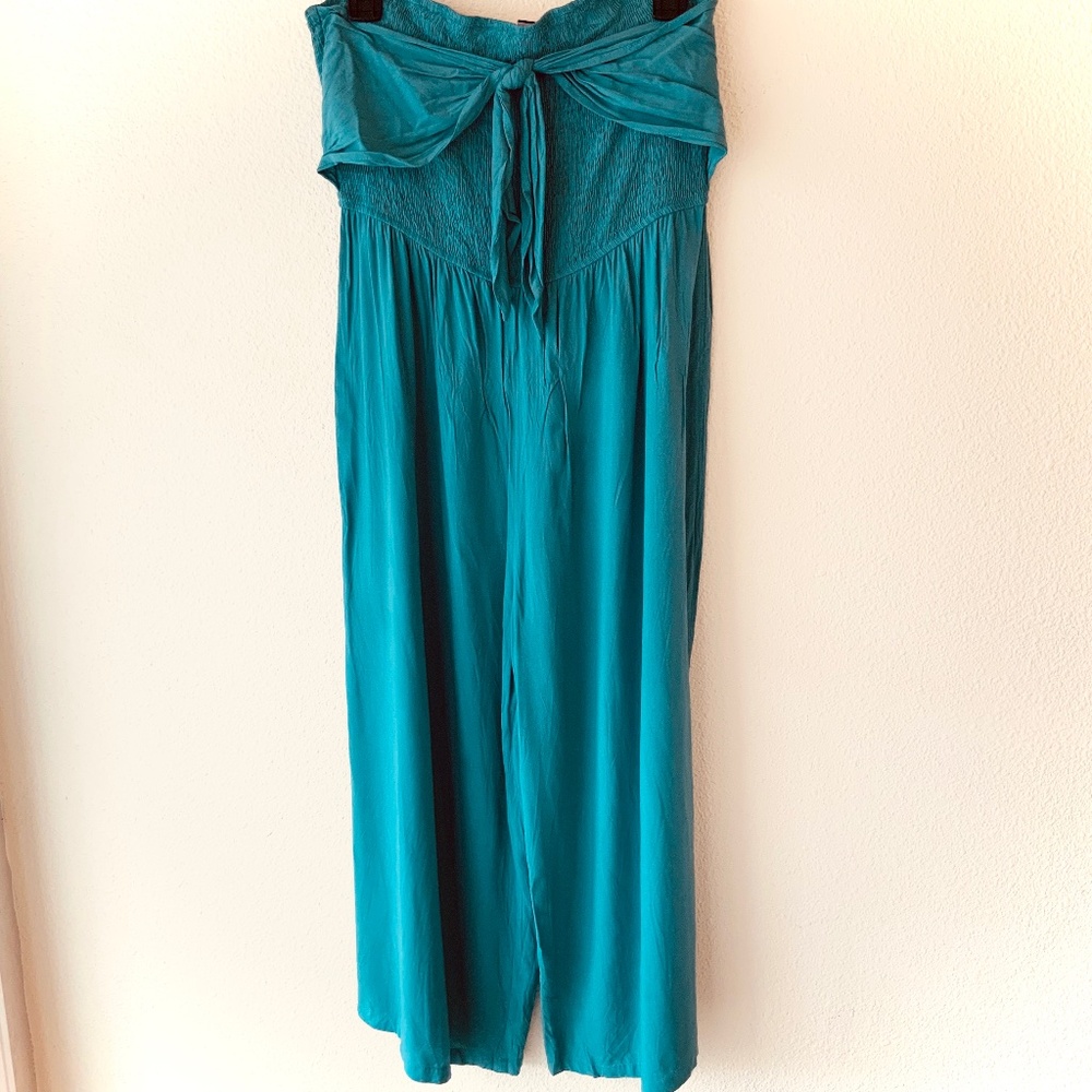 Romper Cropped Turquoise Size Large Teal Jumpsuit Ties Gathered